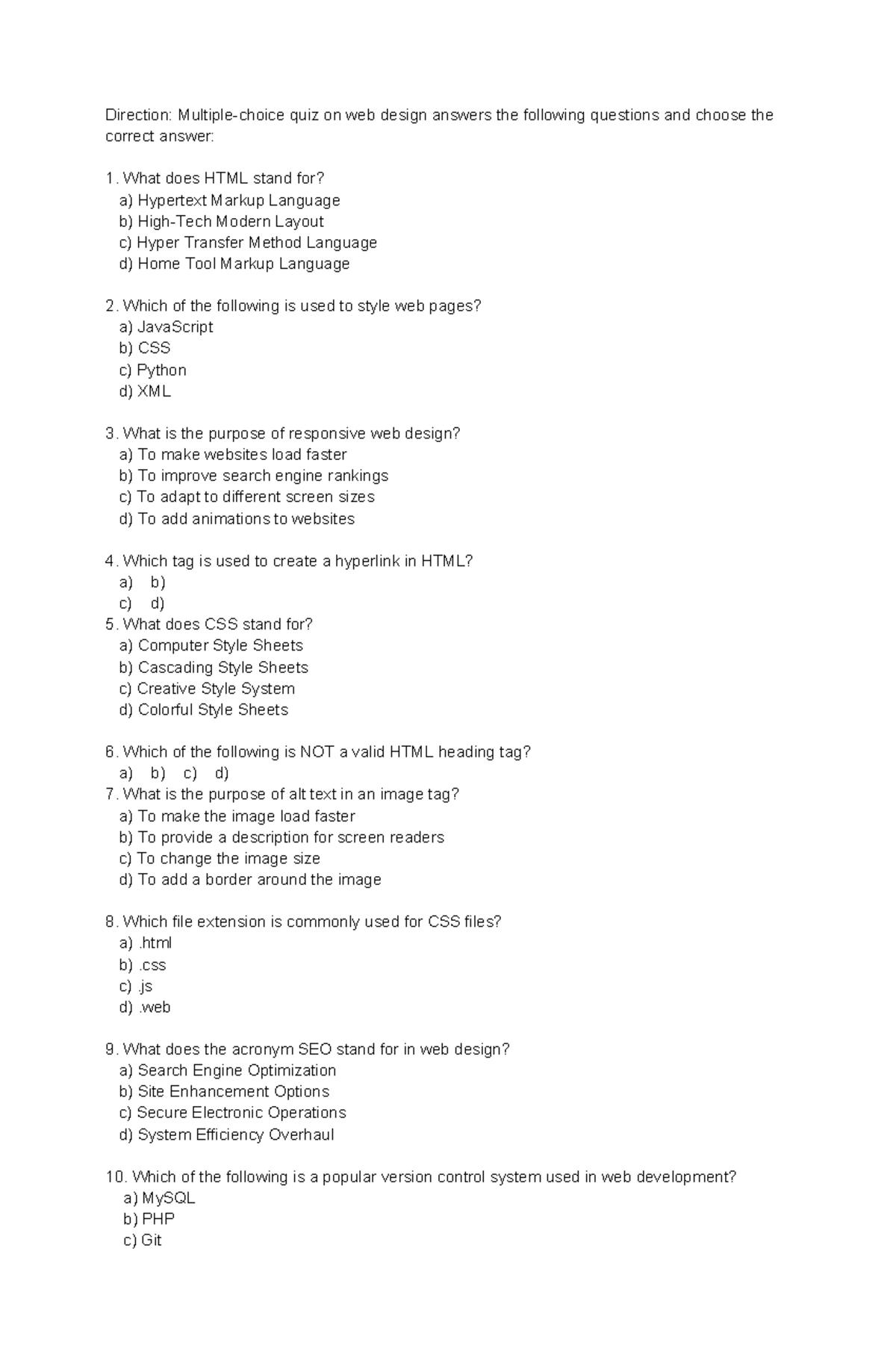 Grade 8 - Web Design Quiz: Key Concepts & Answers - Studocu