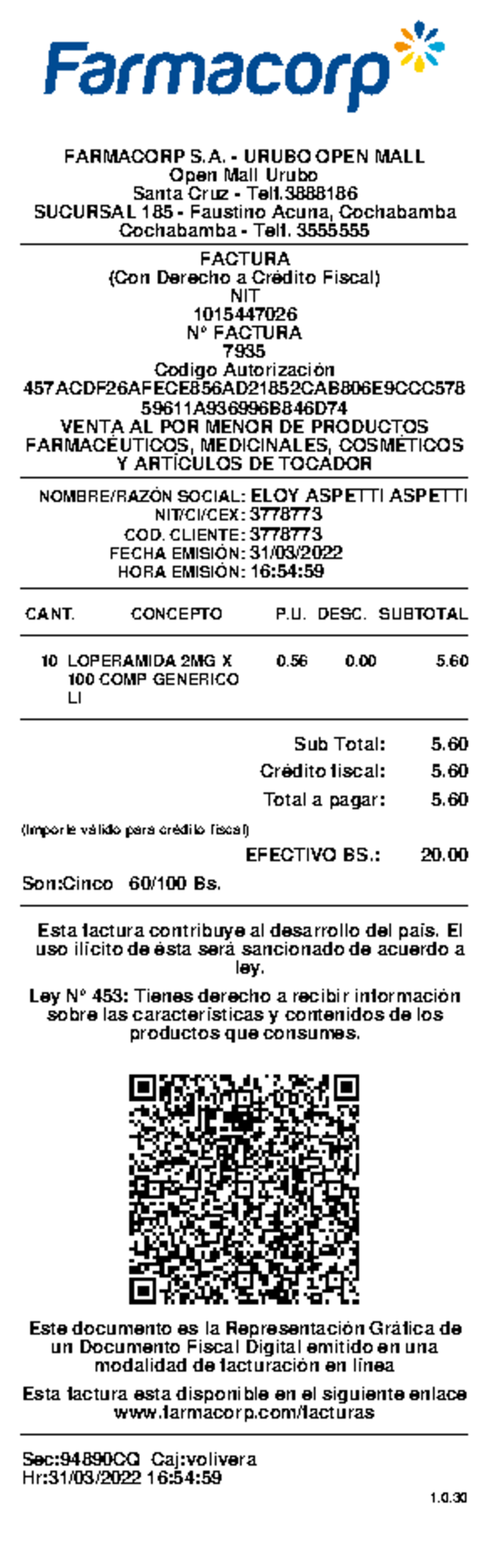 Factura de Venta - FARMACORP S.A. - Urubo Open Mall - Document Preview