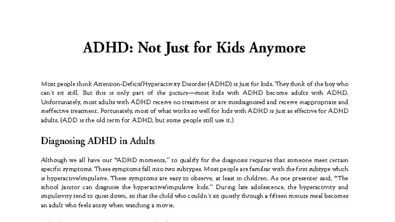 ADHD: Not Just for Kids Anymore - Understanding Adult ADHD - Studocu
