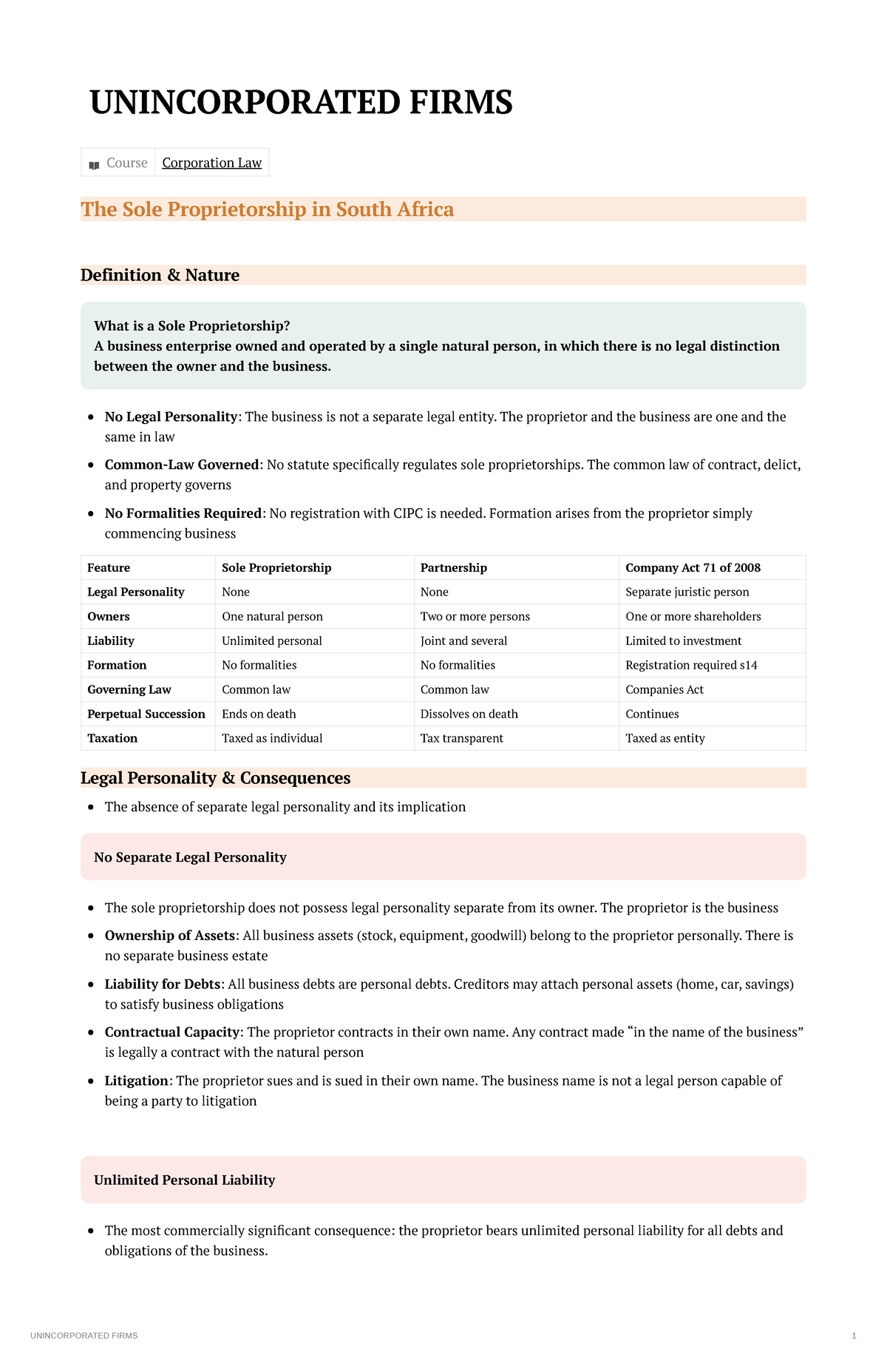Unincorporated Firms - Lecture Notes on Sole Proprietorships and ...