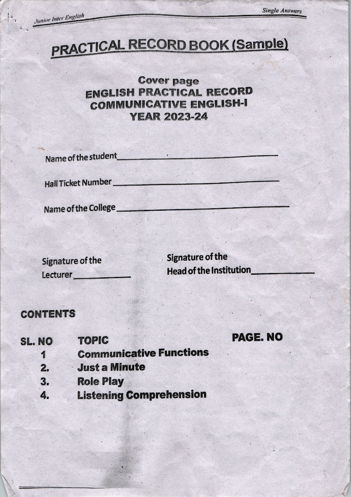 Practical Record BOOK ( Sample ) - Single Answers Junior Inter English ...