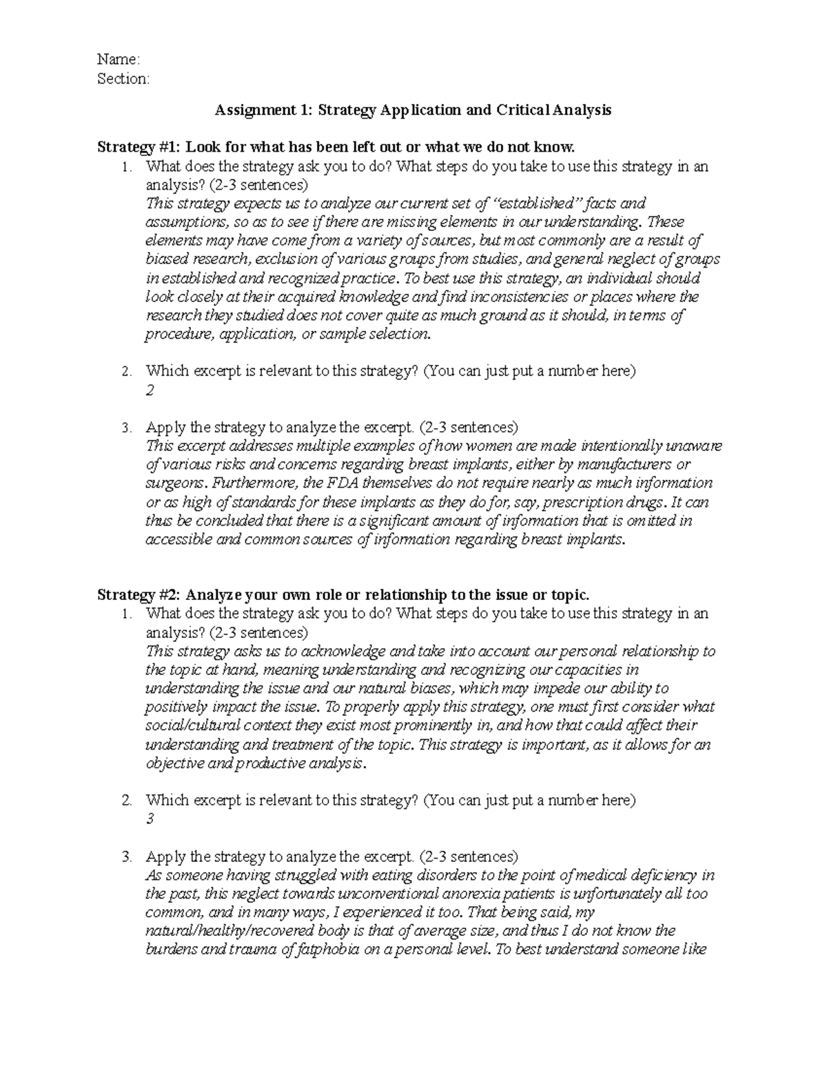 Critical analysis 1: Strategy application and critical insights - Studocu