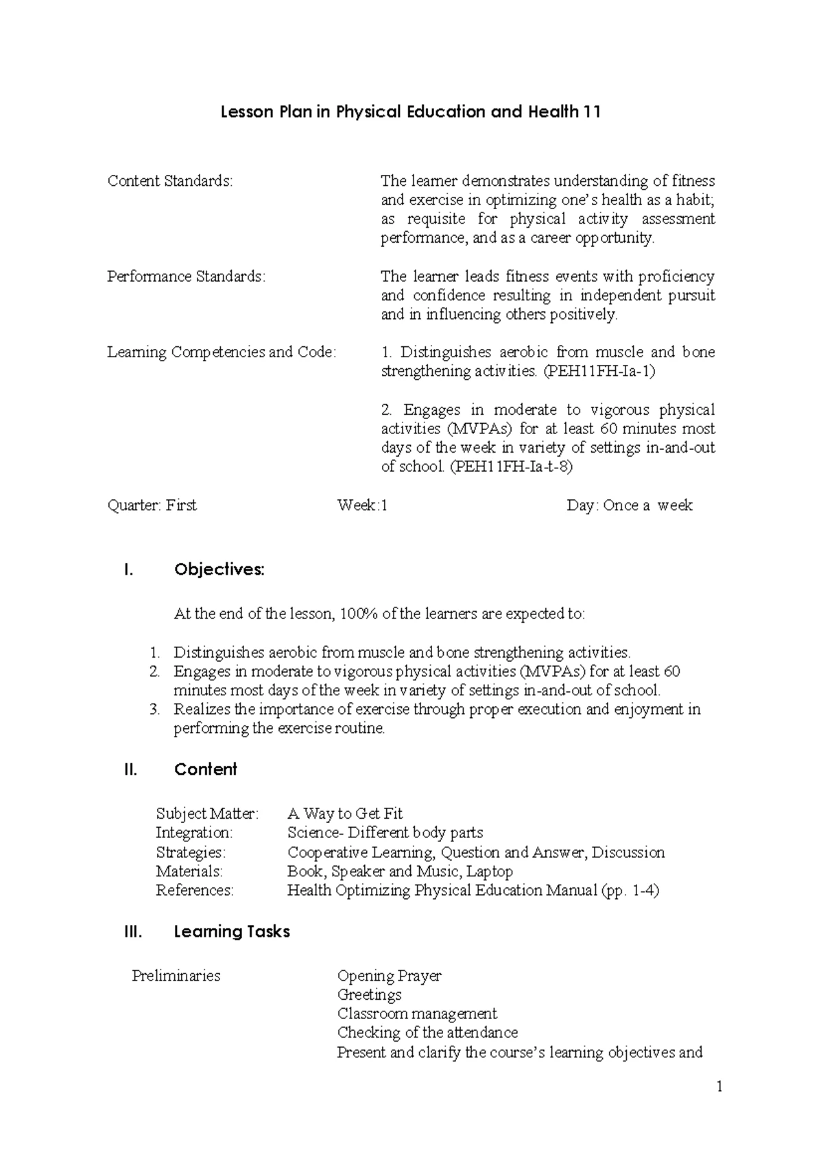 DLP-Final Lesson Plan: Implementing Health & Fitness Event (PEH 11 ...