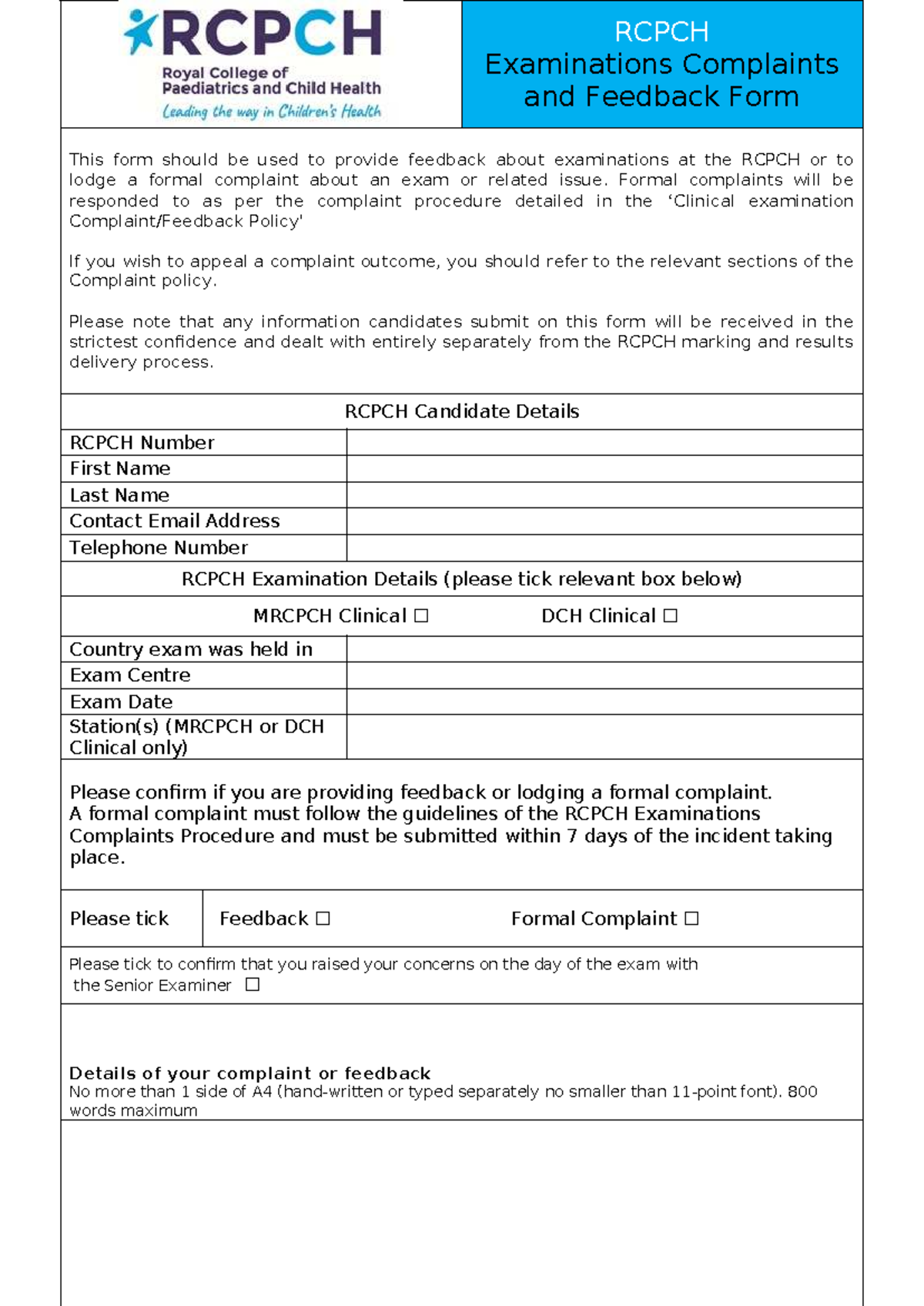 RCPCH Clinical Exam Complaints & Feedback Form - Studocu