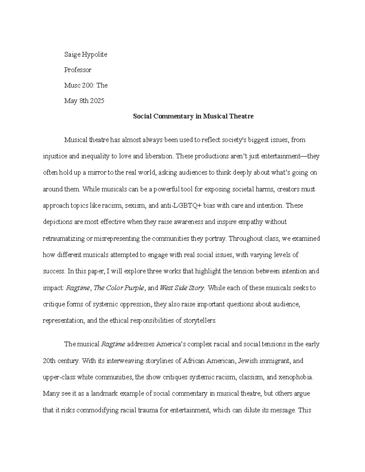 MUSC 200: Social Commentary in Musical Theatre - Final Paper - Studocu