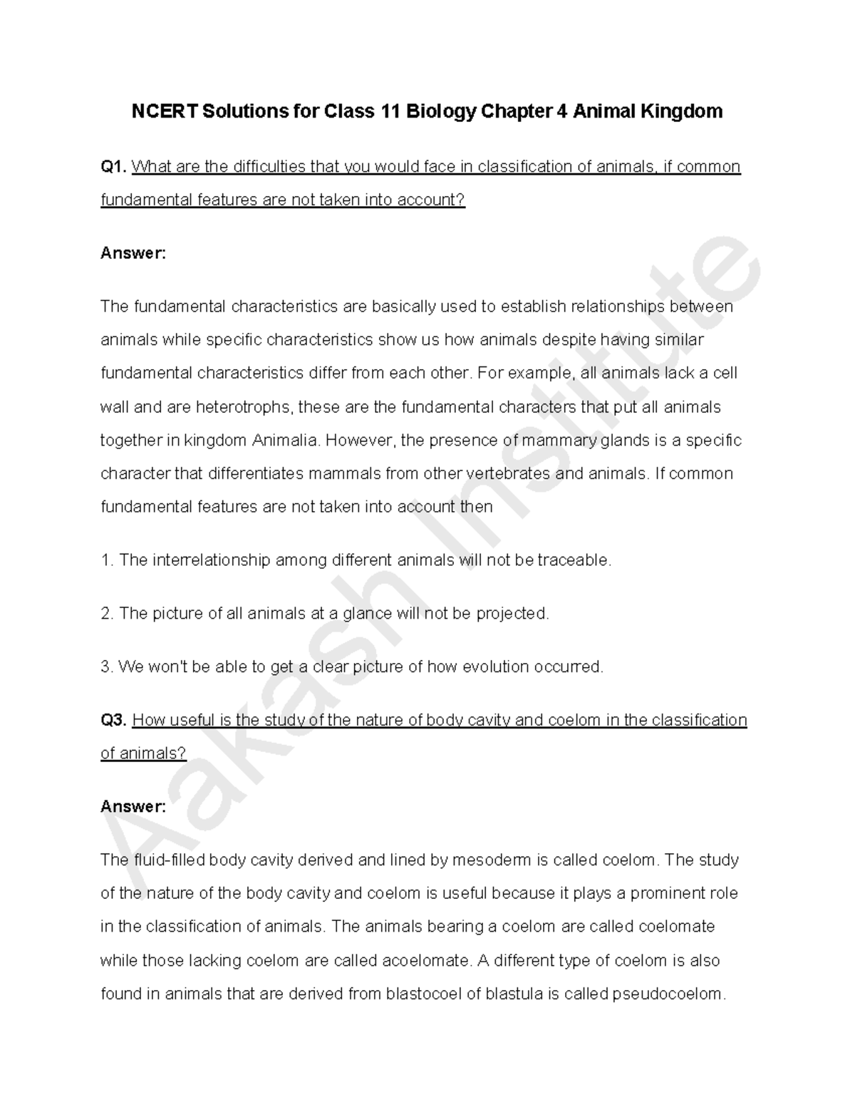 NCERT Solutions for Class 11 Biology: Chapter 4 - Animal Kingdom ...