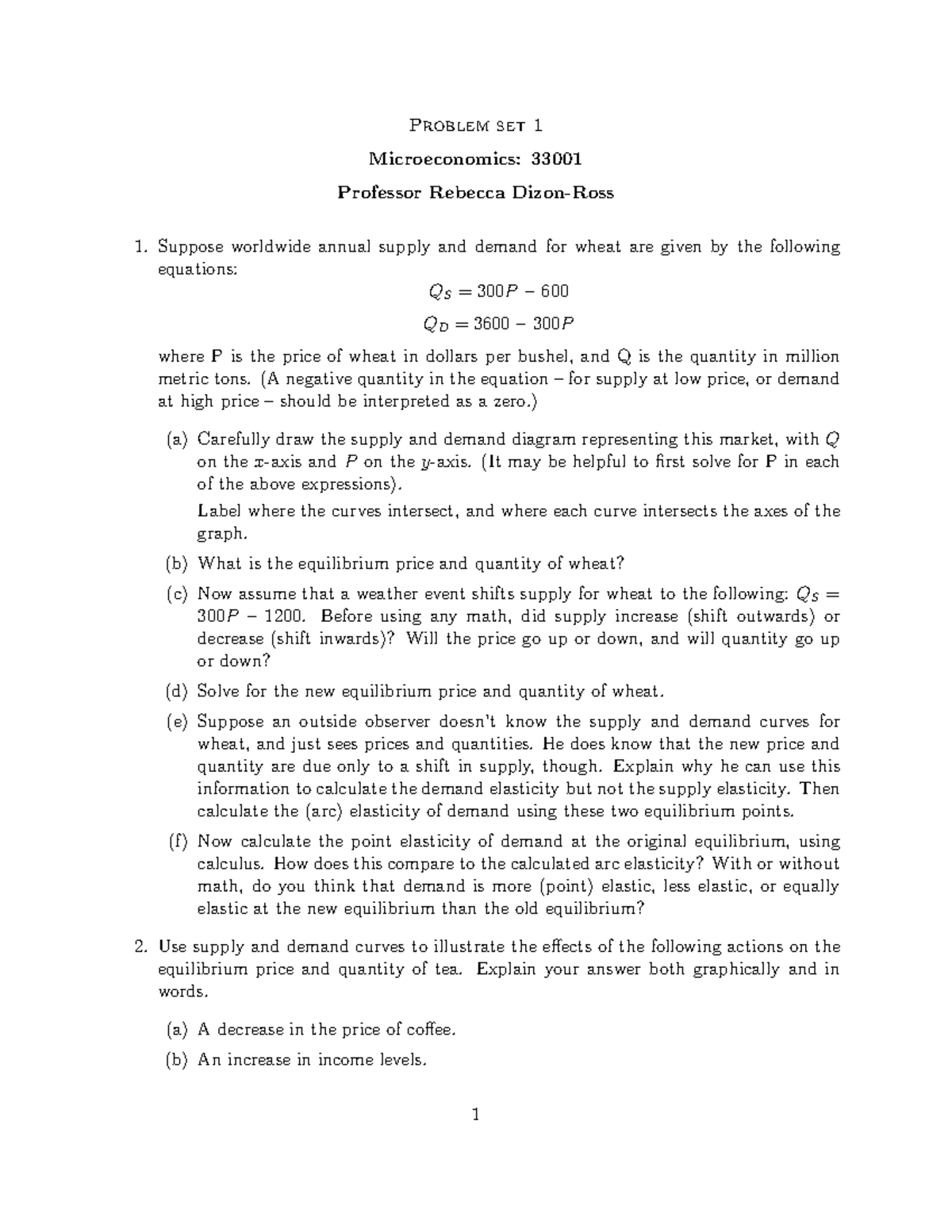 Problem Set 1: Microeconomics 33001 - Supply & Demand Analysis - Studocu