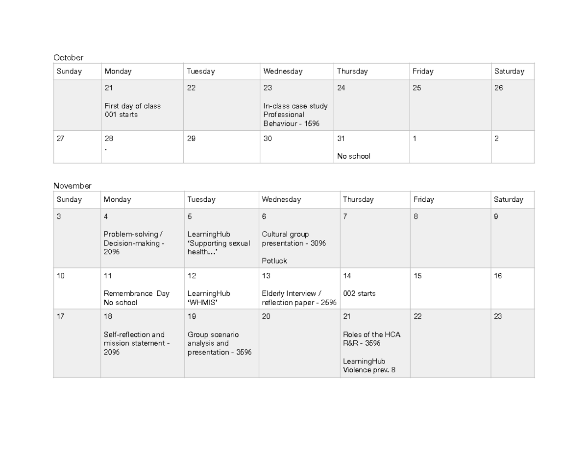Schedule - October November Sunday Monday Tuesday Wednesday Thursday ...