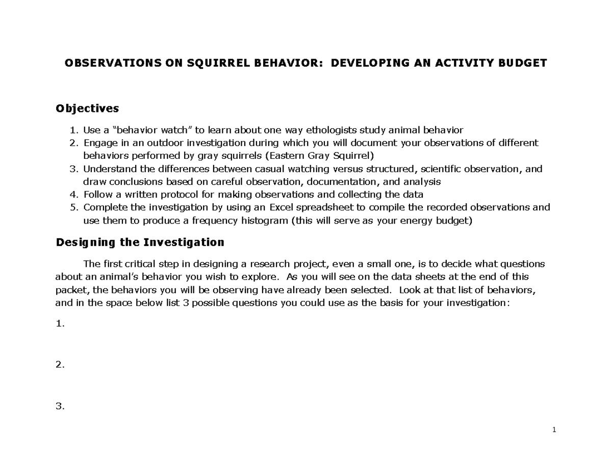 SQUIRREL BEHAVIOR OBSERVATION SHEET - FALL 2021 STUDY GUIDE - Studocu