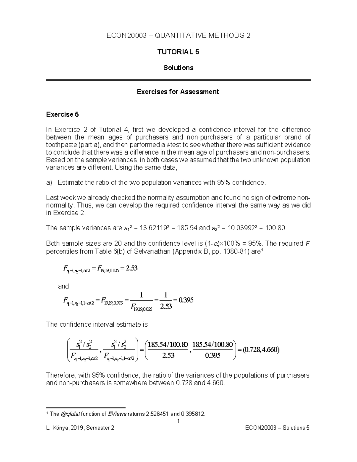Tutorial 5 solutions - 1 ECON20003 – QUANTITATIVE METHODS 2 TUTORIAL 5 ...