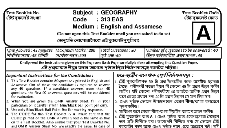 Cuet UG Geography PYQ 2024: Test Booklet Code 313 - Studocu