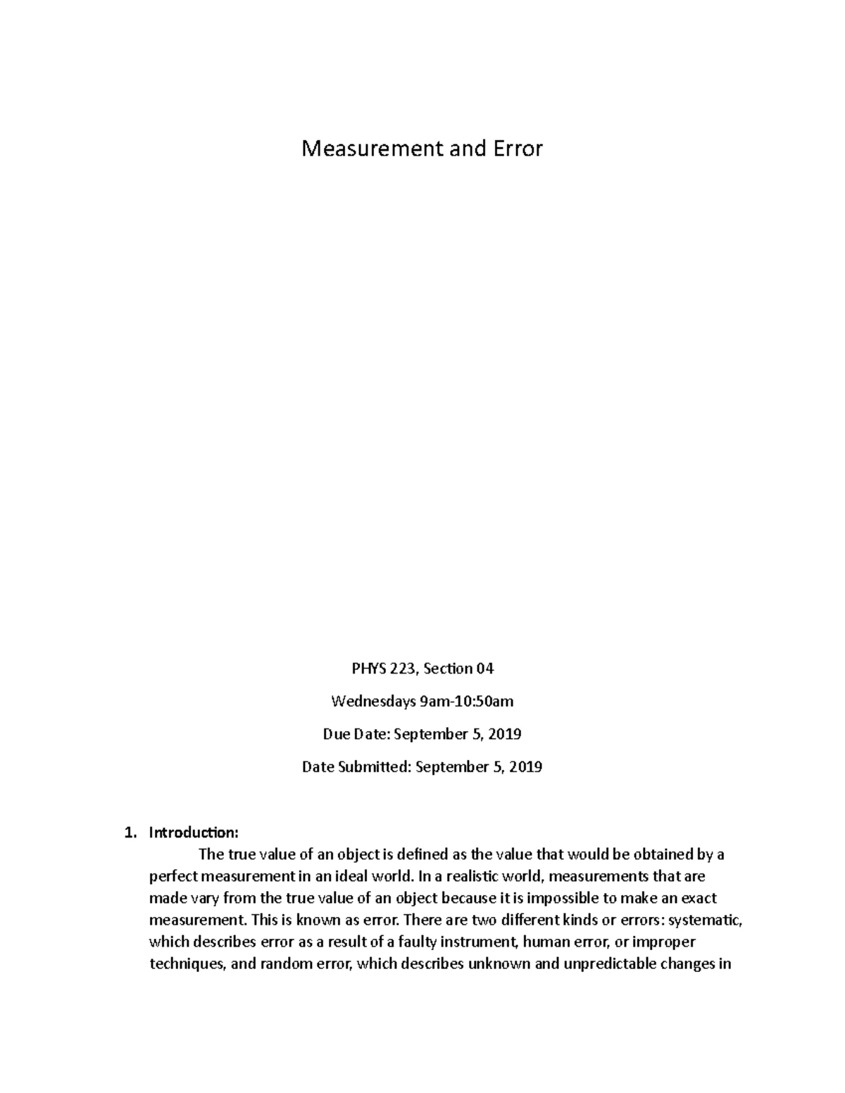 PHYS 223-01 Lab 1: Measurement & Error Analysis Report - Studocu