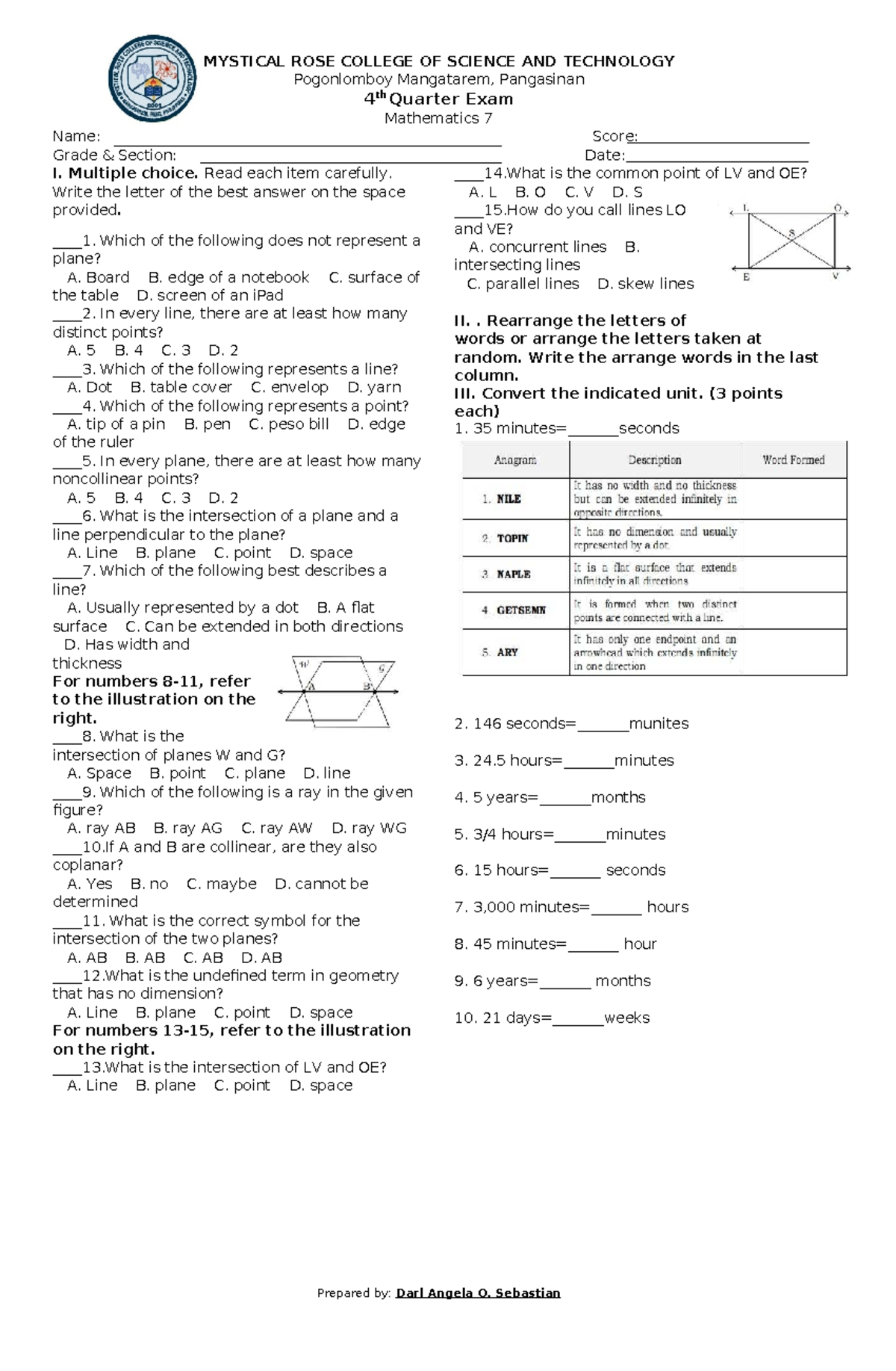 Mathematics 7 Q4 Exam Review and Practice Questions - Studocu