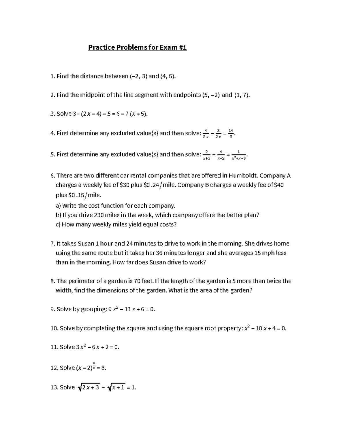Practice Problems for Exam #1: Math Concepts and Solutions - Studocu