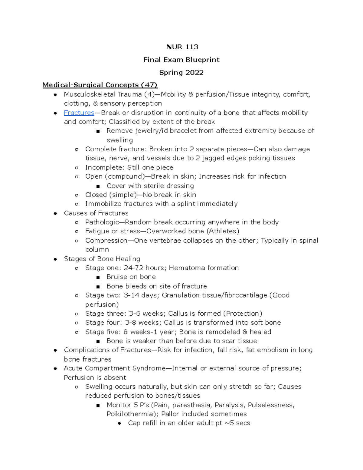 NUR 113 Final Exam Overview - Medical-Surgical Concepts Review - Studocu