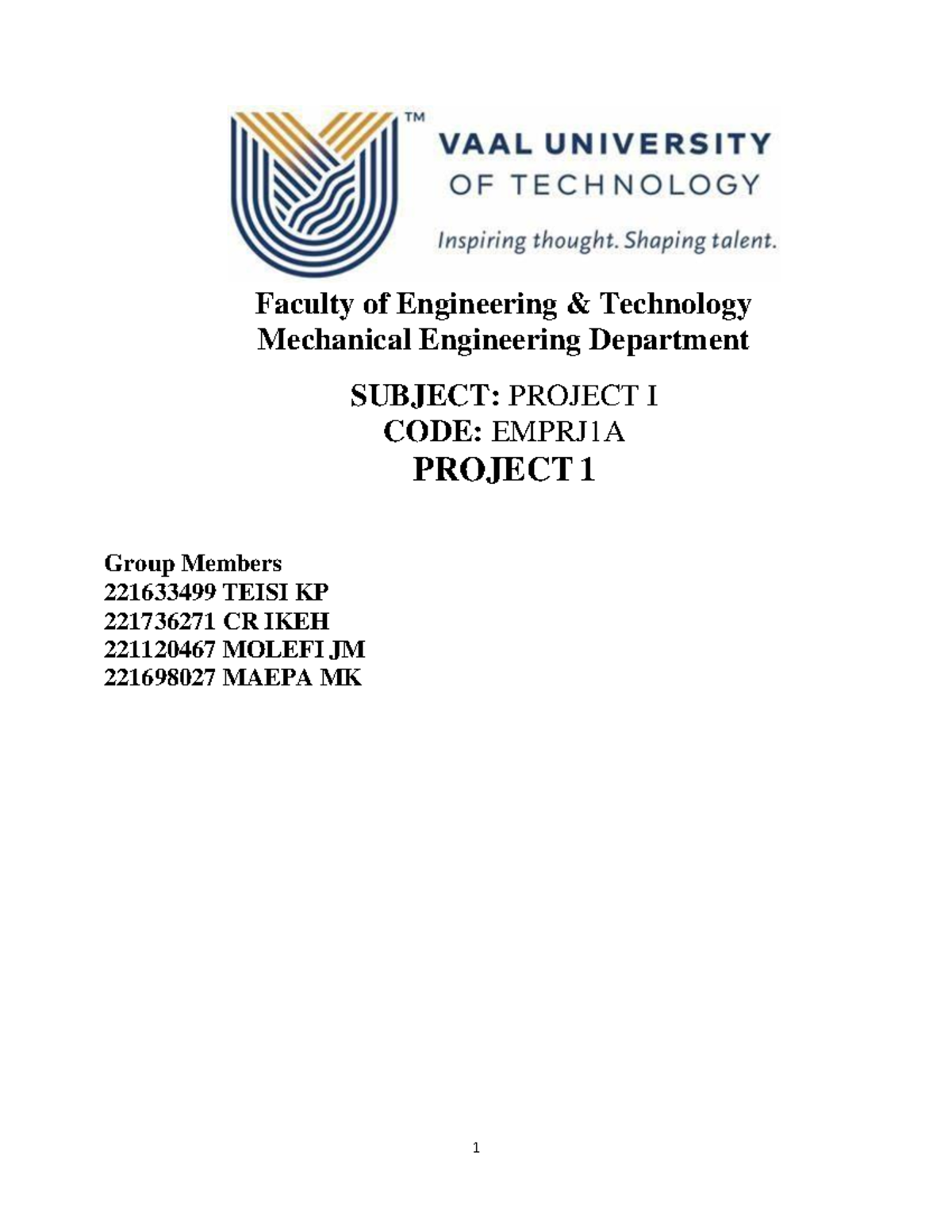 Project Report & Analysis for EMPRJ1A - Mechanical Engineering - Studocu