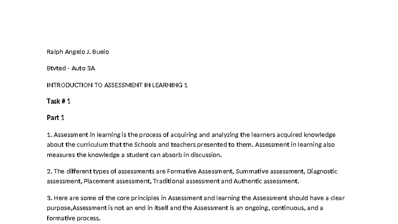 BTVTED AUTO 3A: Intro to Assessment in Learning - Task 1 Analysis - Studocu