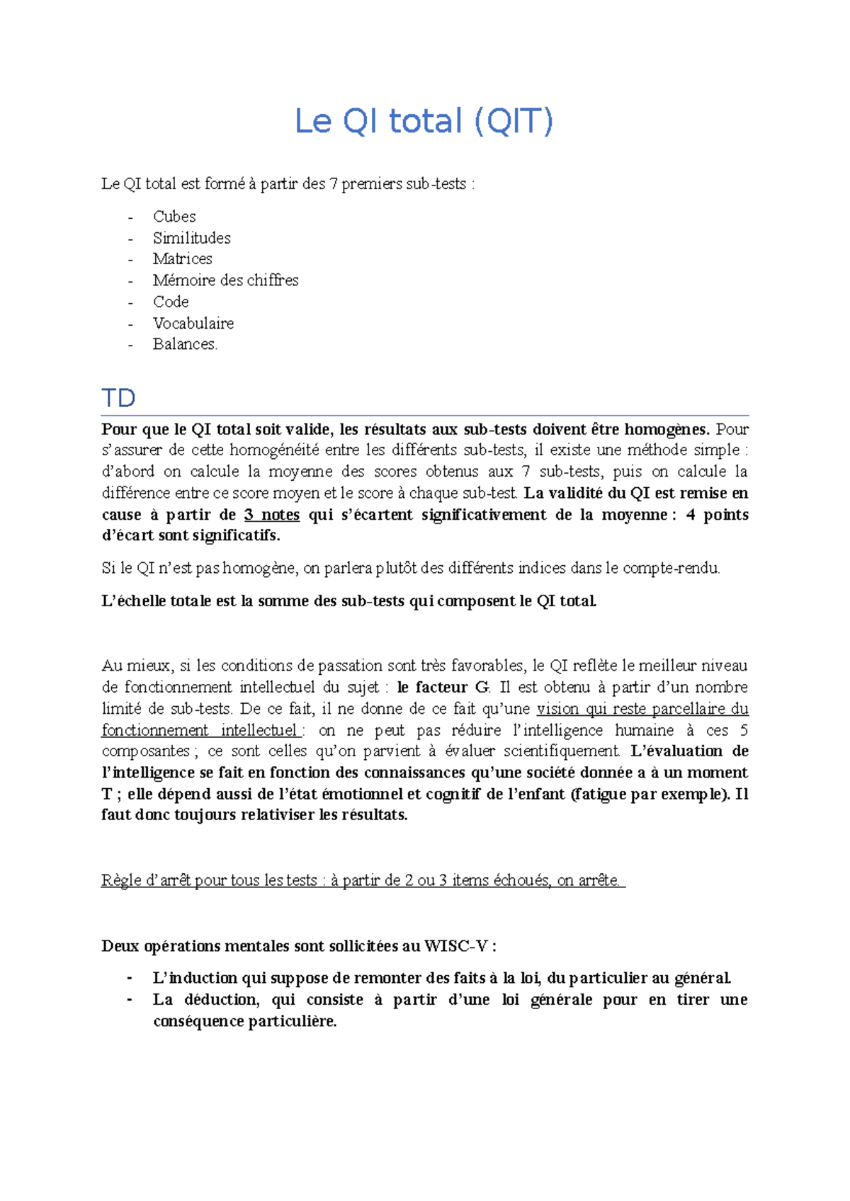 Fiches QIT : Indices et Subtests de l'Évaluation Intellectuelle - Studocu
