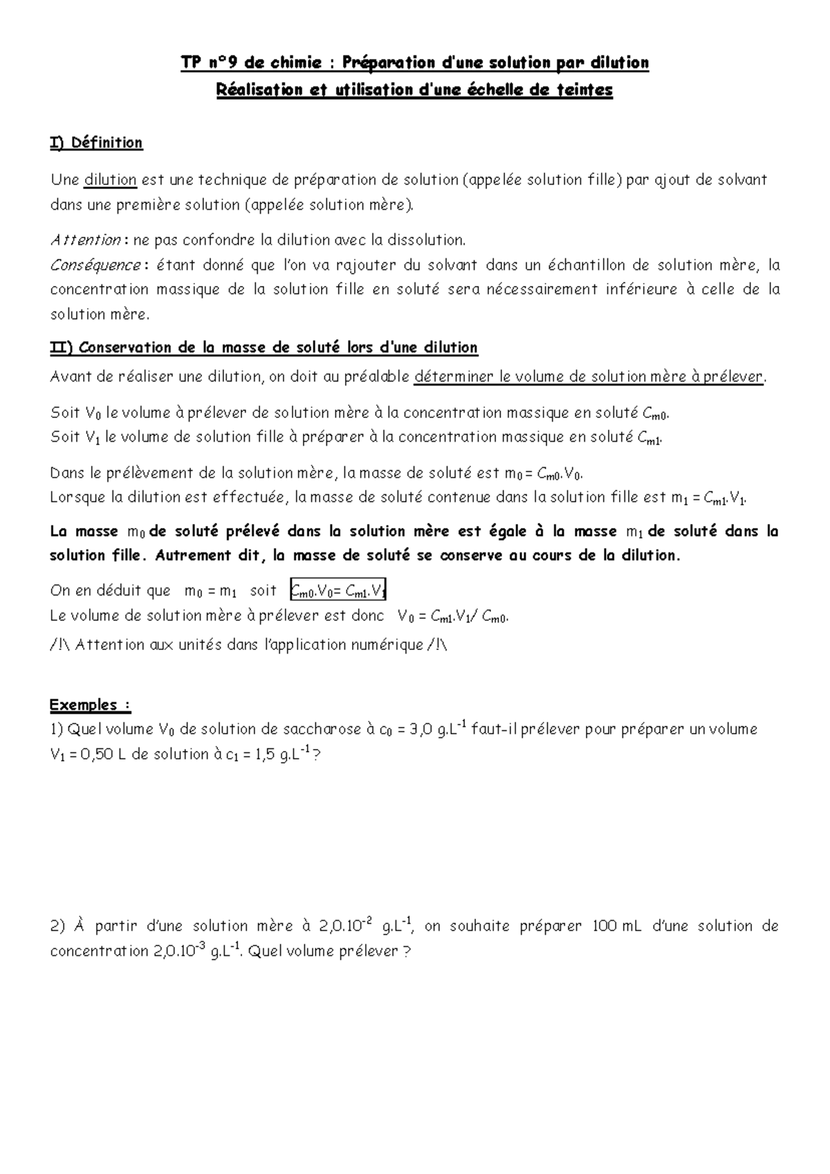 TP9: Dilution et PH en Chimie - Préparation de Solutions - Studocu