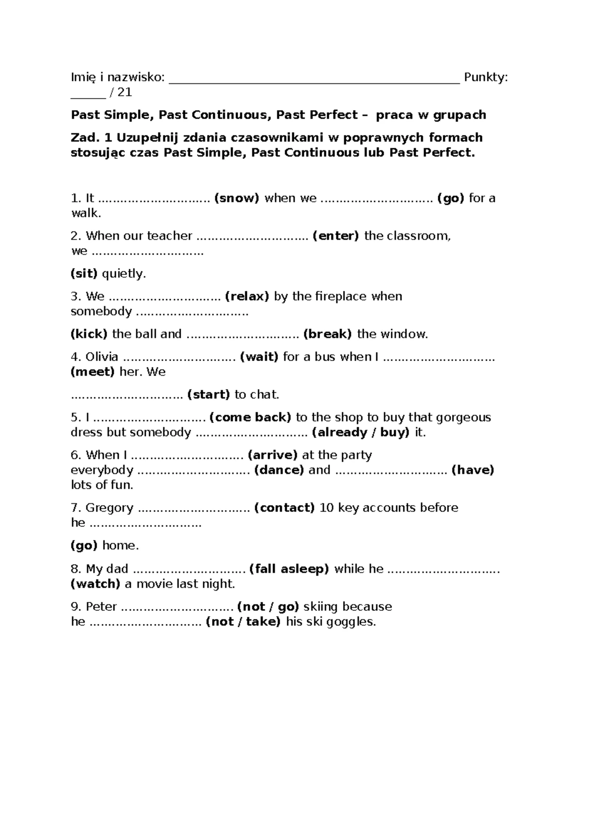 Sprawdzian Z Angielskiego Z Czasów www.studocu.com