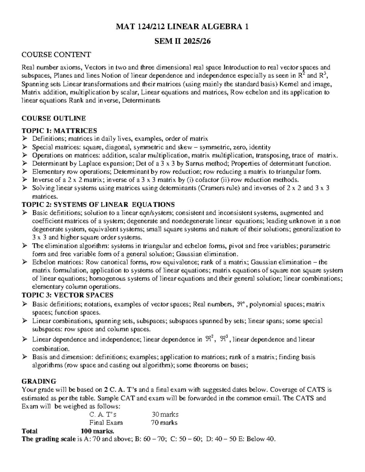 MAT 212 LINEAR ALGEBRA I SEM II DETAILED COURSE OUTLINE - Studocu