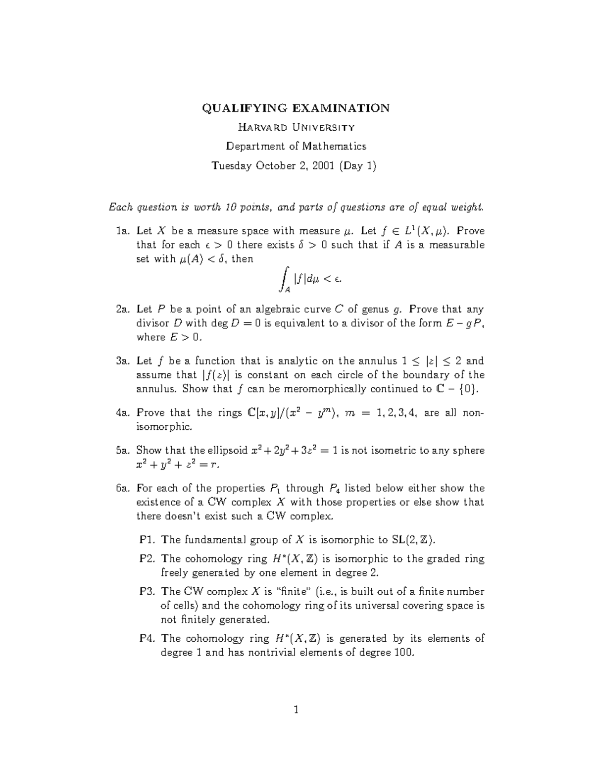 Qualifying Exam - Math Dept - Harvard University (Day 1 & 2) - Studeersnel