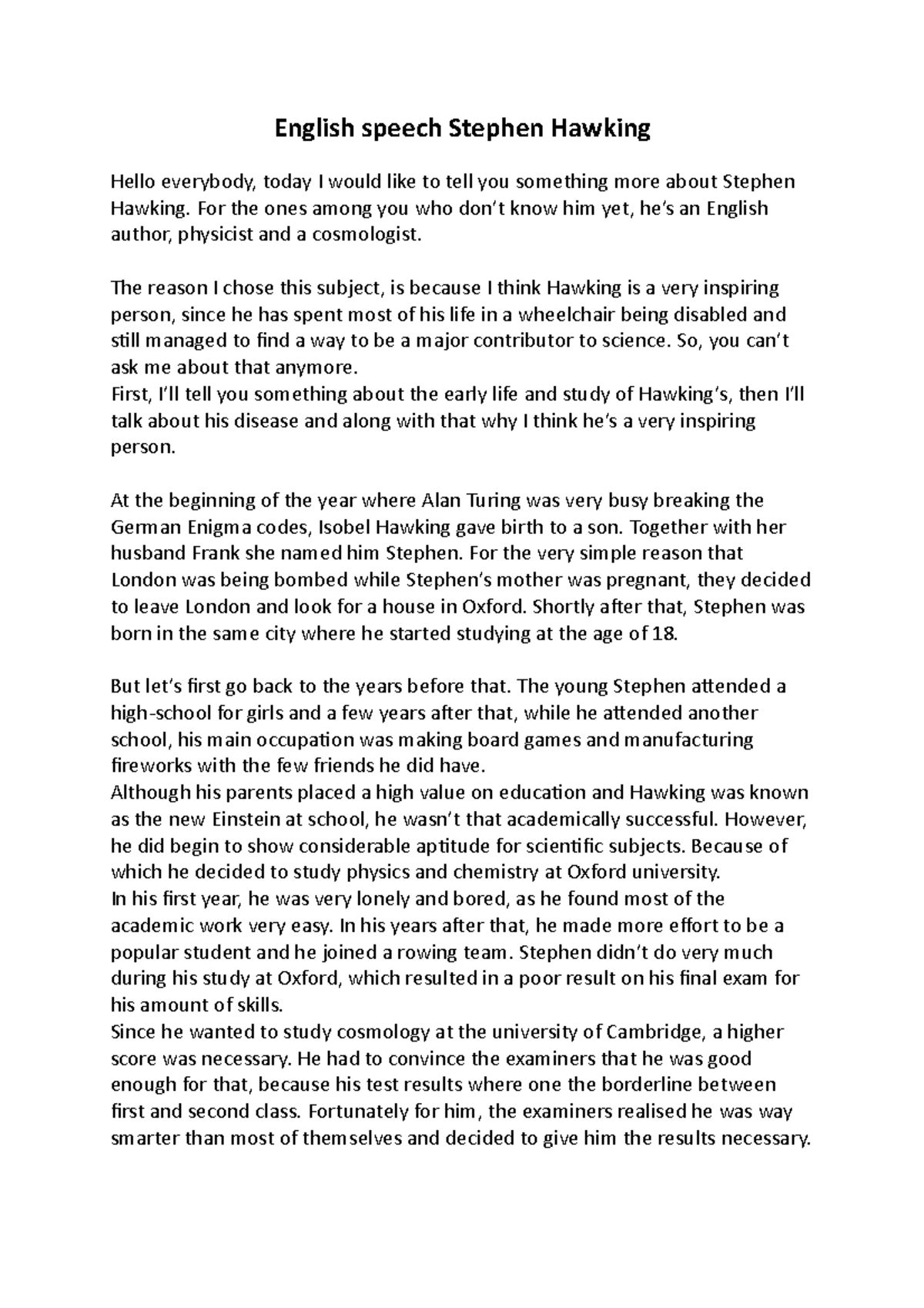English Speech The Inspiring Life of Stephen Hawking Studeersnel