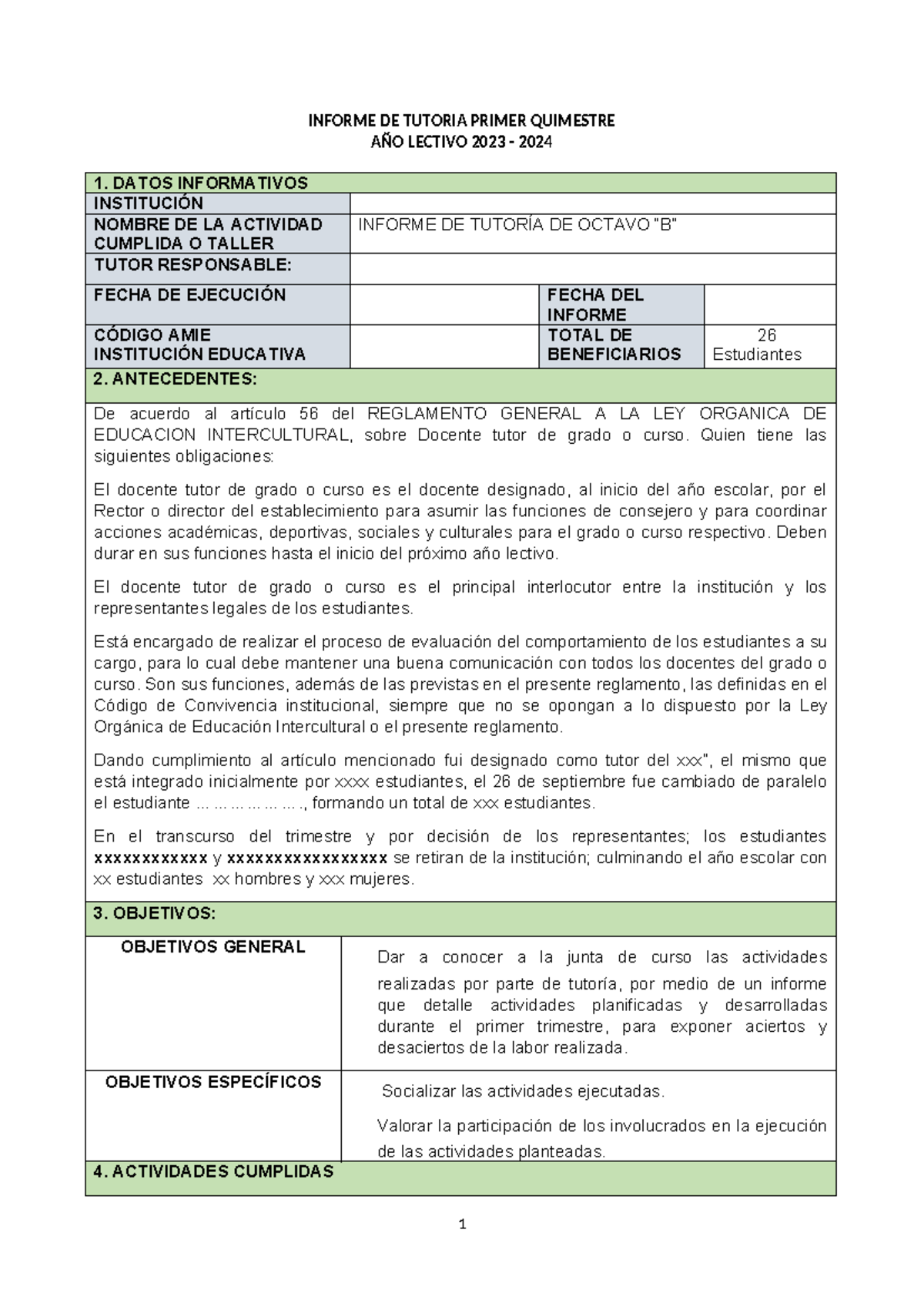 Informe de Tutoría 1er Trimestre 2023-2024 - 8vo B - Studocu