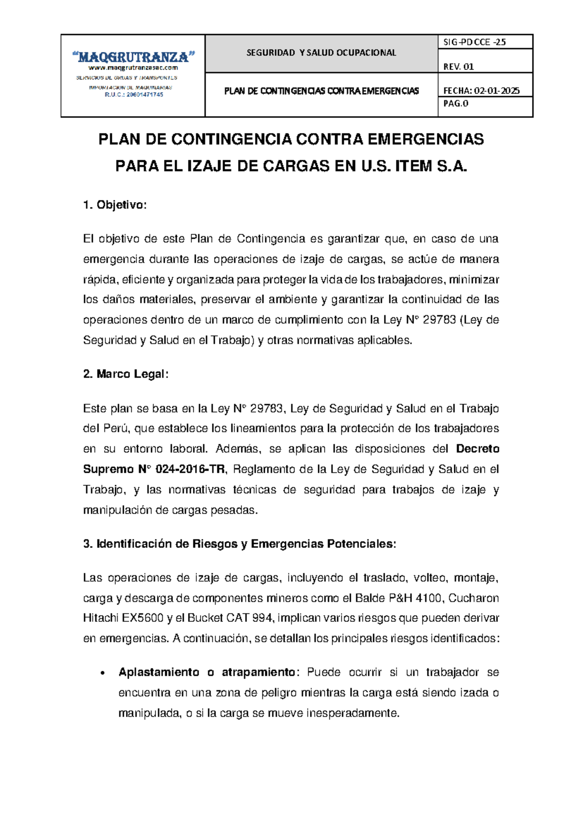PLAN DE Contingencia Contra Emergencias - SEGURIDAD Y SALUD OCUPACIONAL ...