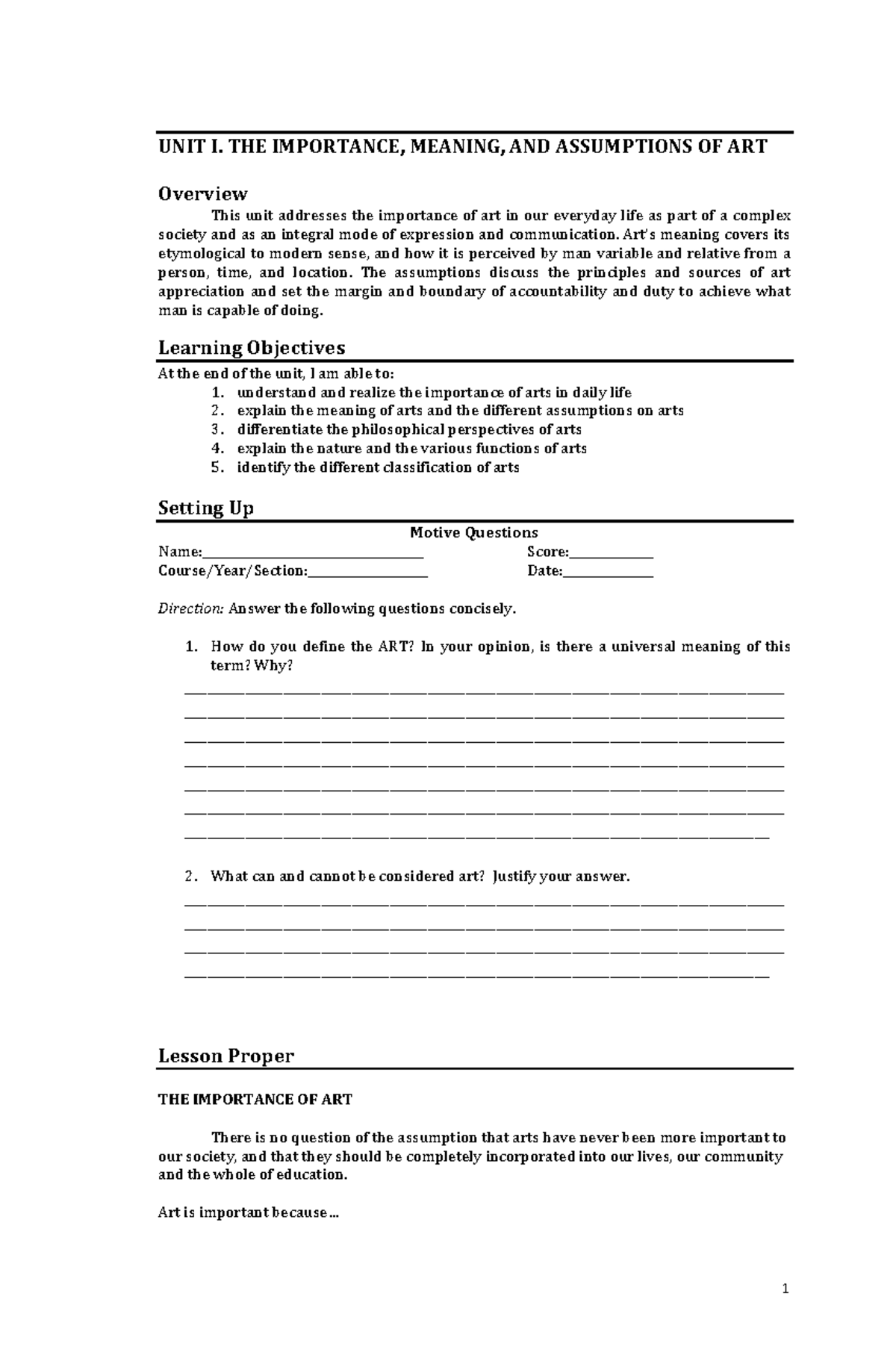GE 6 ART APP Module FOR Students - UNIT I. THE IMPORTANCE, MEANING, AND ...