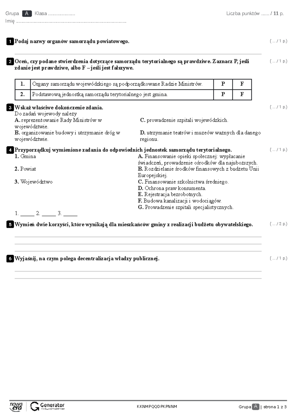 Test podsumowujący rozdział III Test z widoczną punktacją