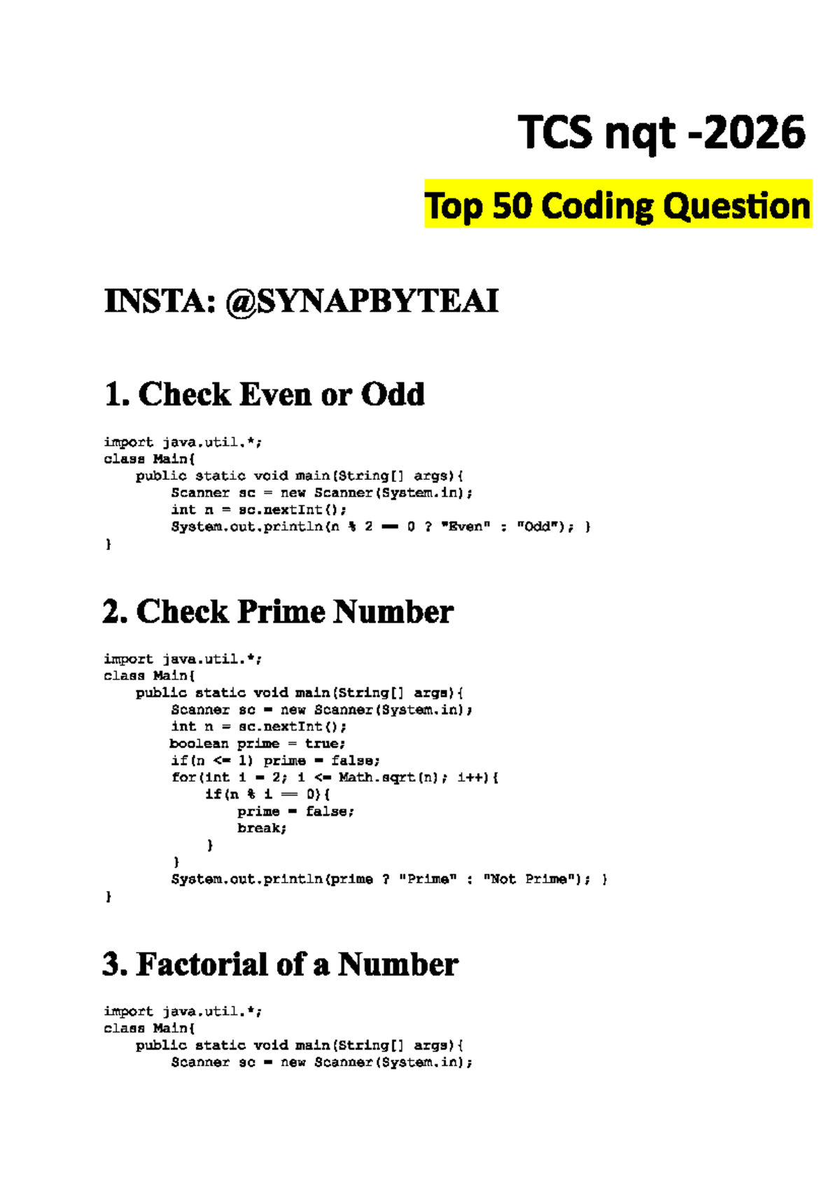 TCS NQT Top 50 Coding Questions: Essential Practice Guide - Studocu