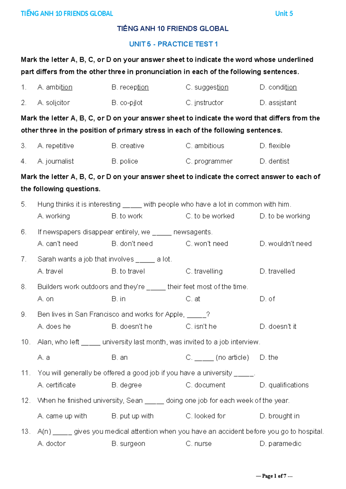 TIẾNG ANH 10 FRIENDS GLOBAL Unit 5 - Practice Test 1 - Studocu