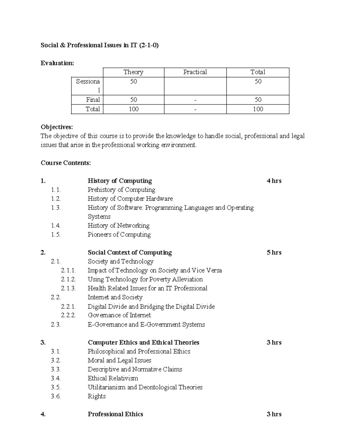 Social & Professional Issues in IT (2-1-0): Course Overview ...