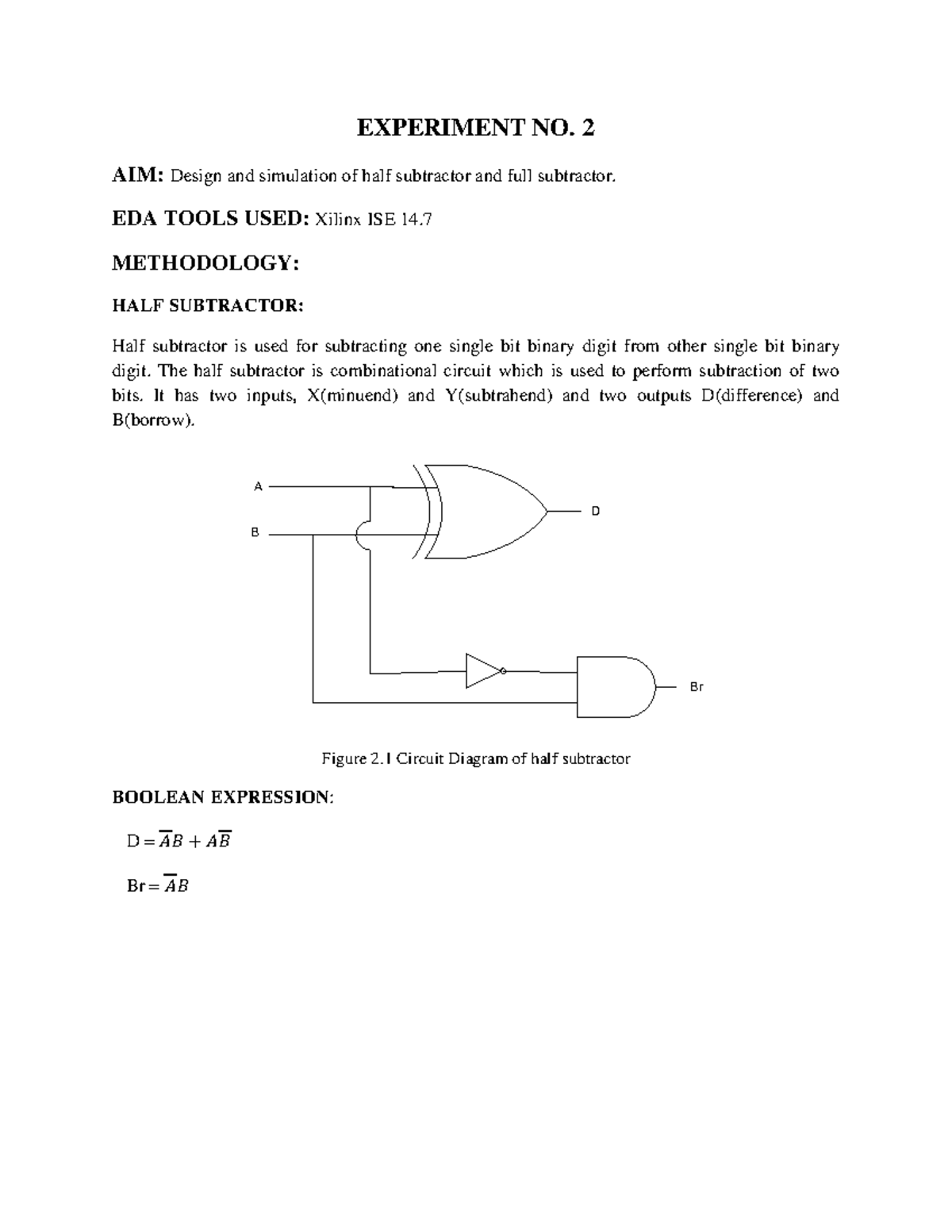 Exp2 - Lab Report on Half and Full Subtractor Design - Studocu