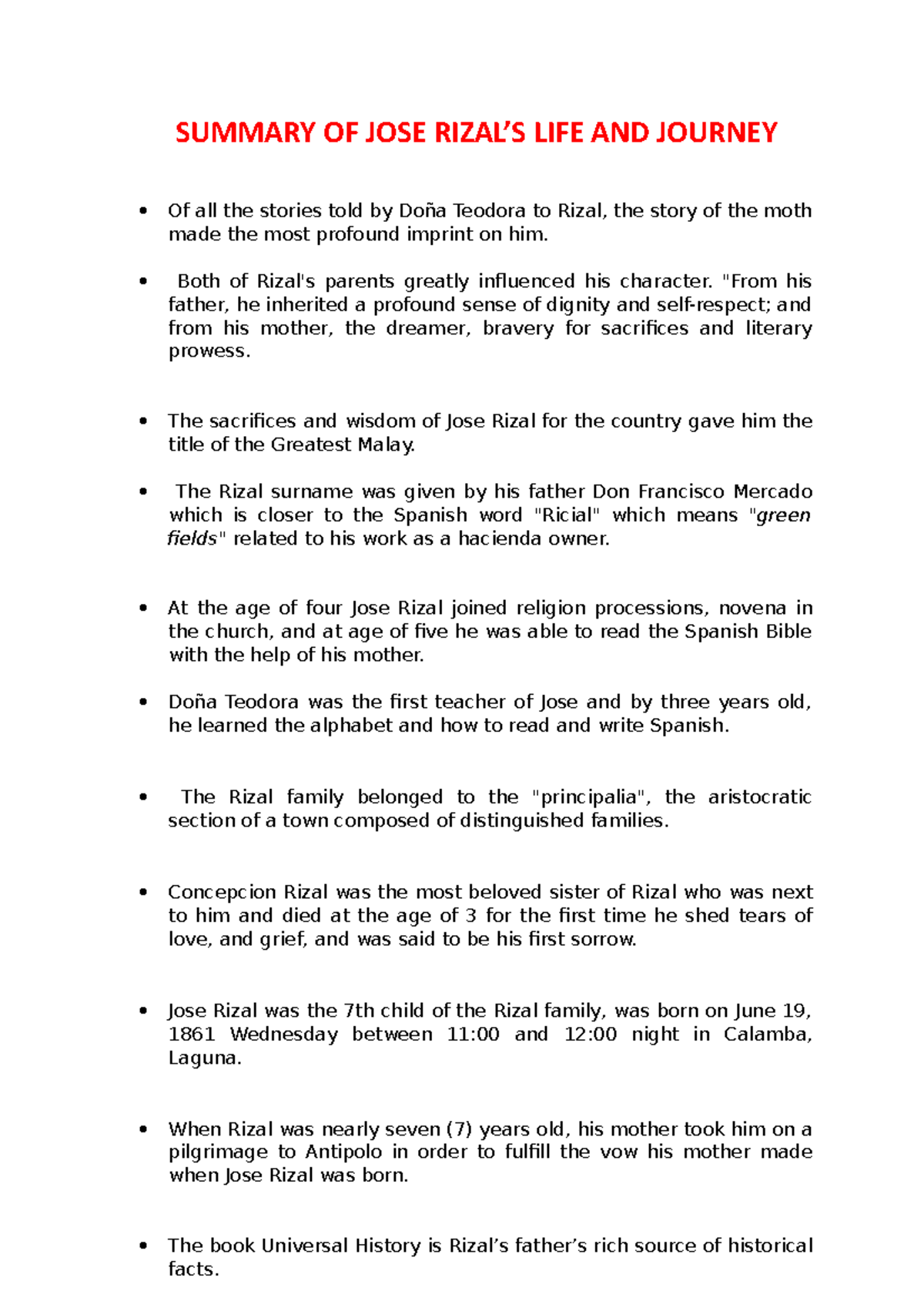 Summary Notes on Jose Rizal's Life & Works (RIZAL) - Studocu