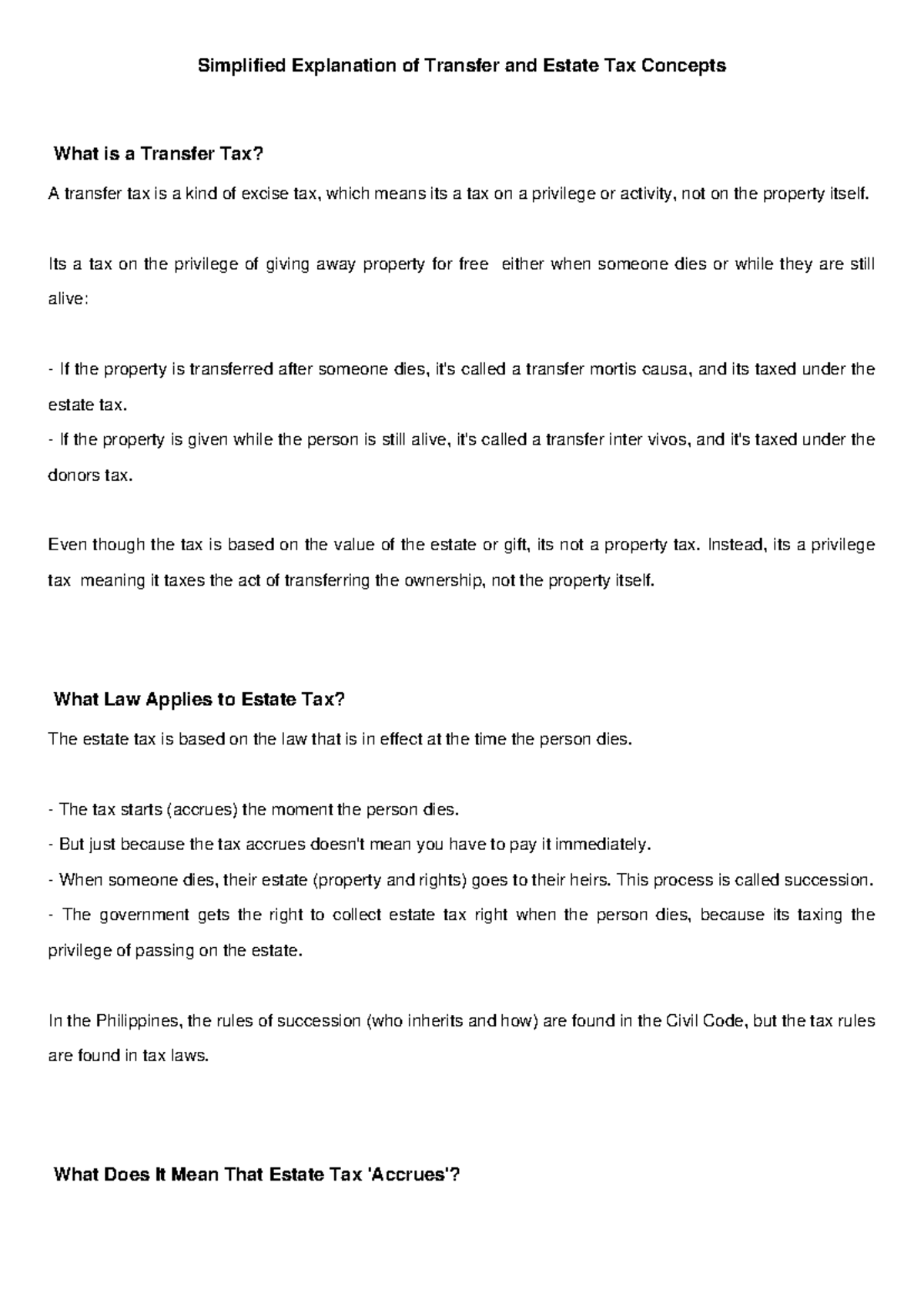 Simplified Explanation of Transfer & Estate Tax Concepts - Studocu