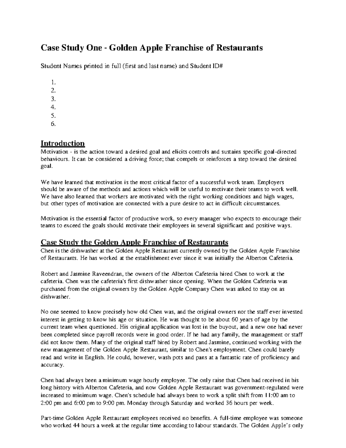 Case Study One Golden Apple Restaurant Motivation edited - Case Study ...