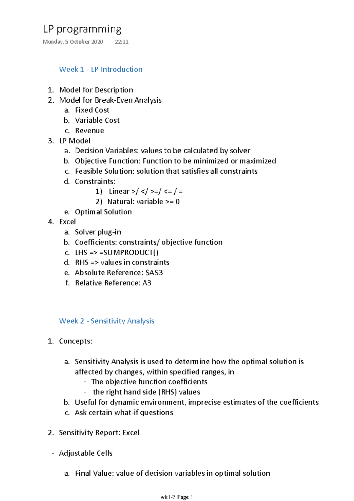 BU8401 Wk1-7 Linear Programming & Sensitivity Analysis Cheatsheet - Studocu