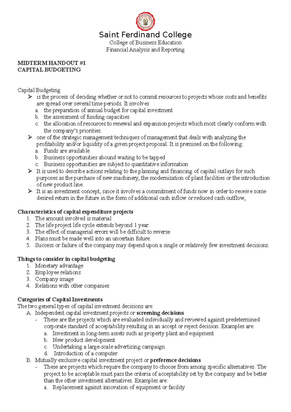 4 - cap bud - capital budgeting summary from cabrer - Saint Ferdinand ...