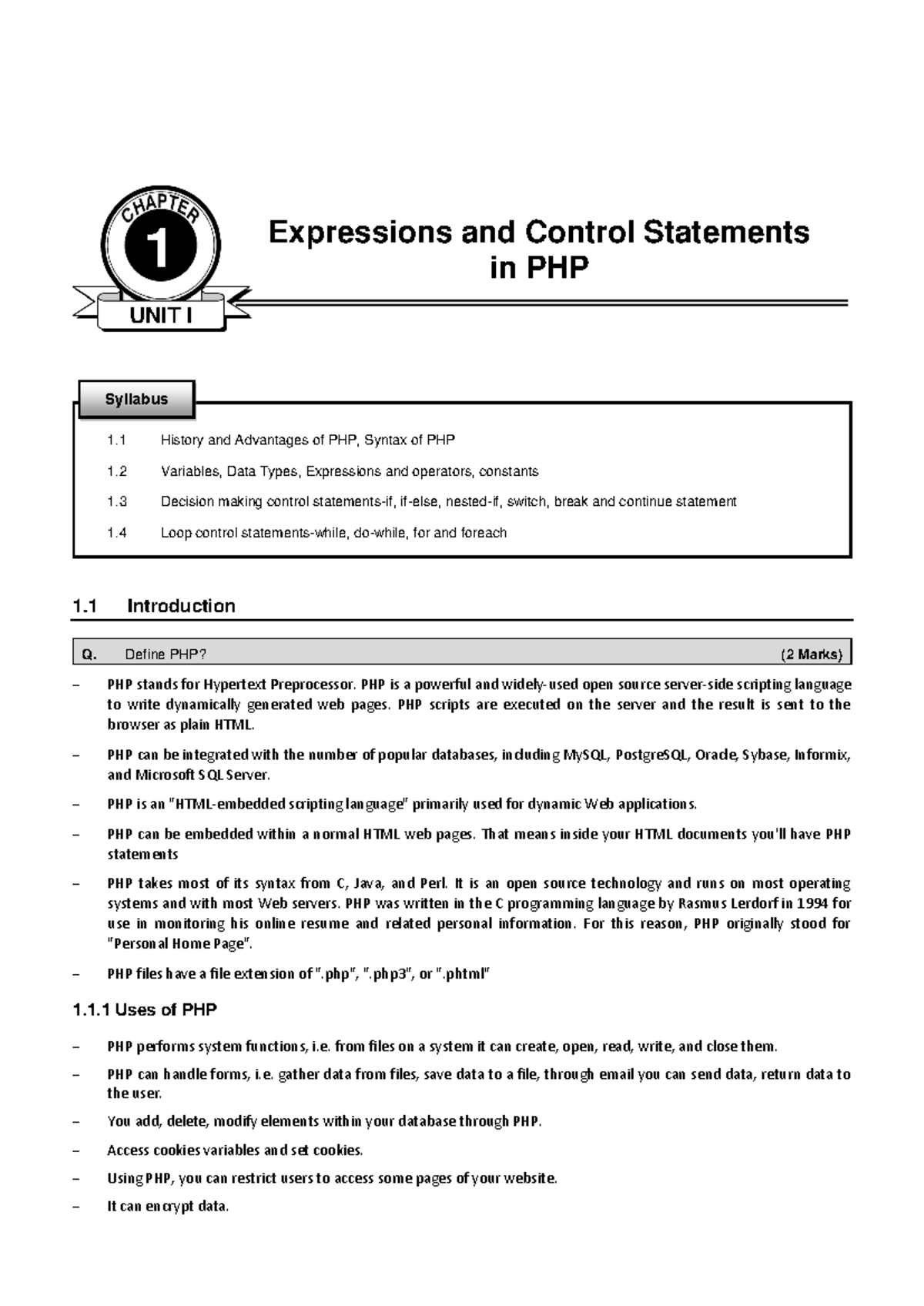 Expressions and Control Statements in PHP (MSBTE) - Unit I Overview ...