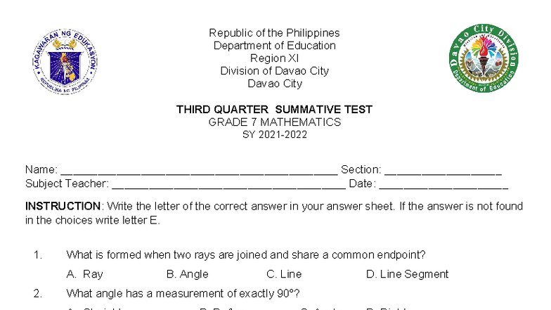 Final Grade 7 Summative Test (Q3) - Mathematics - Studocu