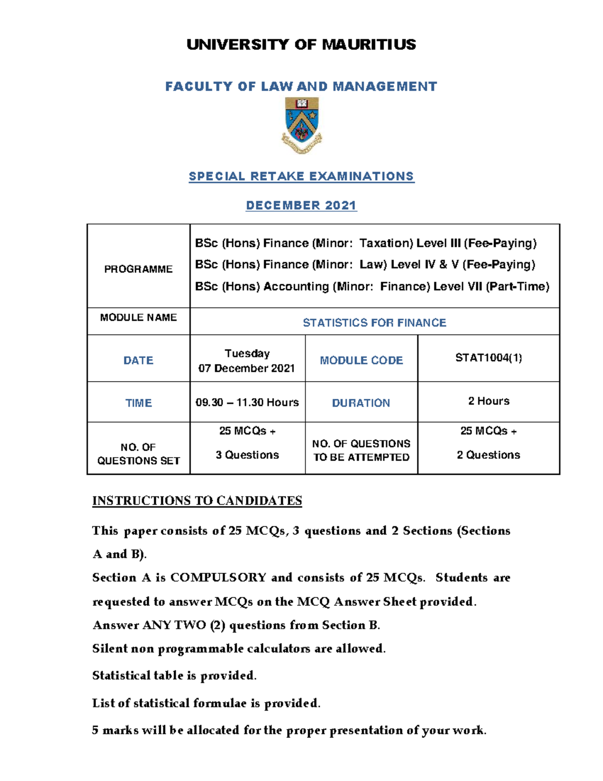 STAT1004(1) 2021 Special Retake Exam: Statistics for Finance Questions ...