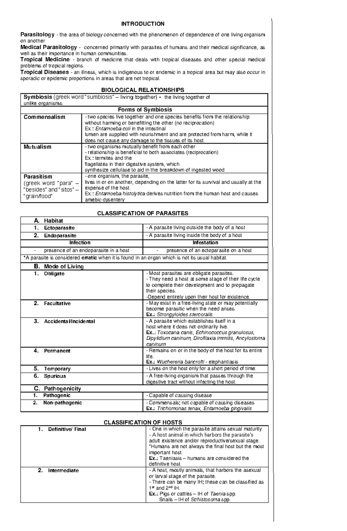 Introduction - Lecture notes 1 - INTRODUCTION Parasitology - the area ...