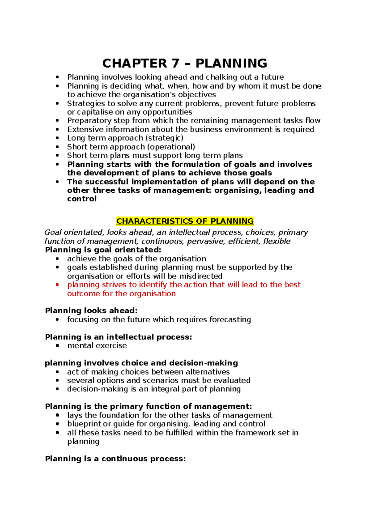 CHAPTER 7 SUMMARY: PLANNING IN MANAGEMENT AND ITS IMPORTANCE - Studocu