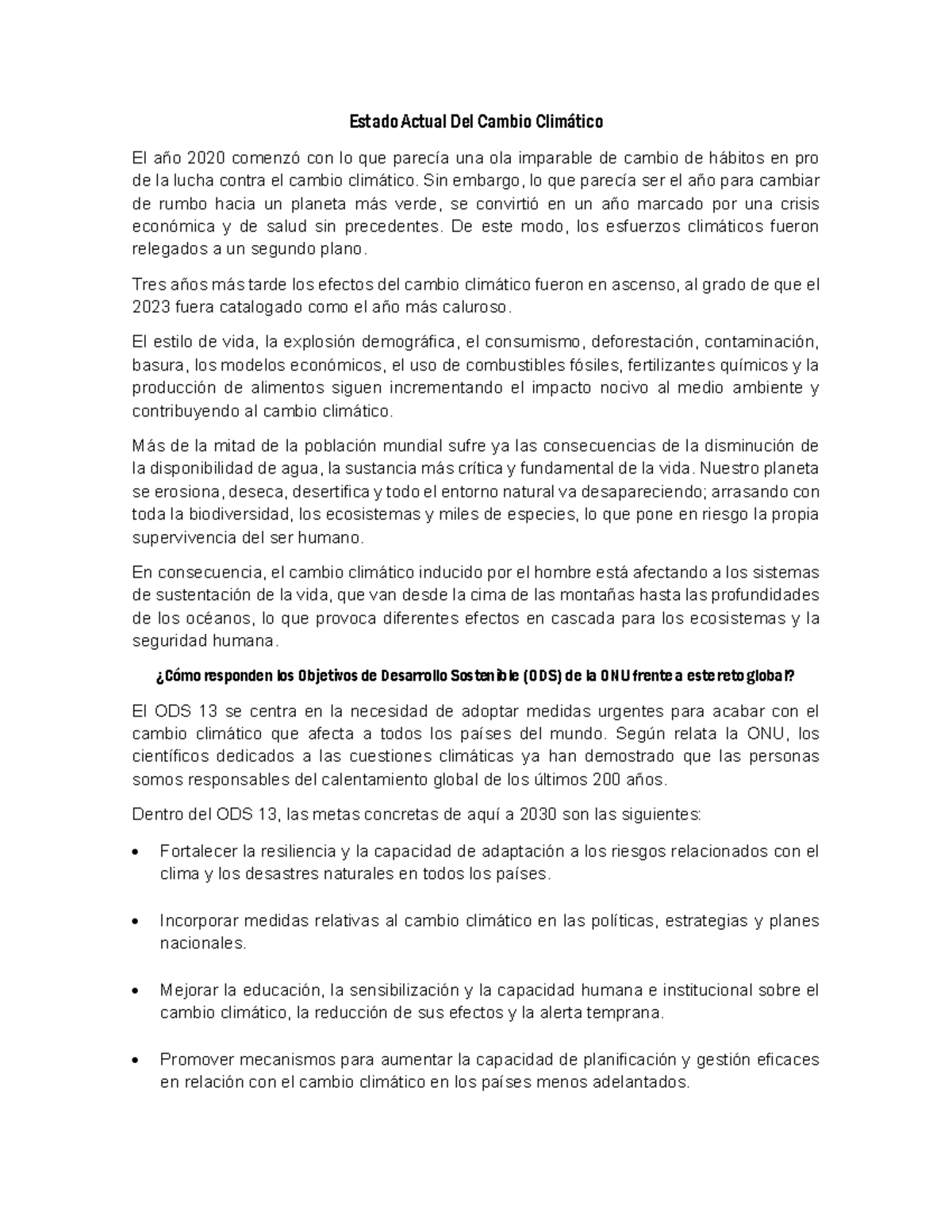 Impacto del Cambio Climático y ODS 13: Retos y Urgencias - Studocu