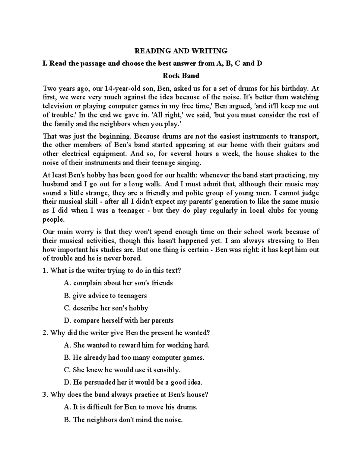 Reading and Writing I: Understanding Texts and Answering Questions ...