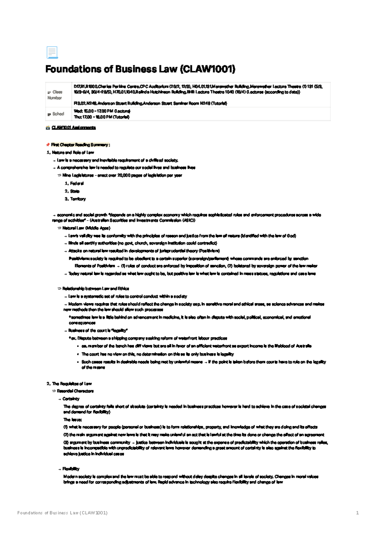 Foundations of Business Law (CLAW1001) Comprehensive Lecture Notes ...