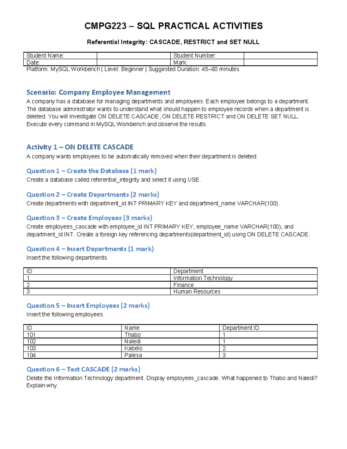 CMPG223 SQL Practical Activities: Referential Integrity Explained - Studocu