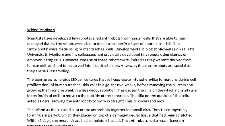 Wider Reading 5: Anthrobots for Healing Neural Tissue - Studocu